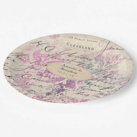 ヴィンテージ ラベンダー テーマの ダマスク ウェディング ペーパープレート (アングル)