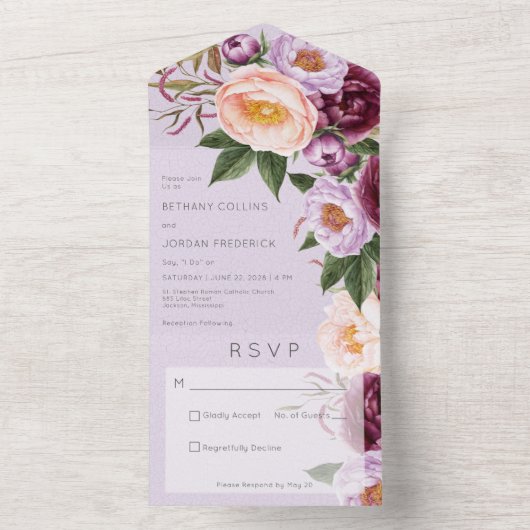 ヴィンテージ ラベンダー マルーン & ピーチ ピオニー 夕食なし オールインワン招待状 (内側)