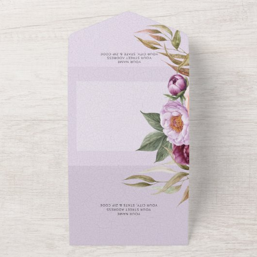 ヴィンテージ ラベンダー マルーン & ピーチ ピオニー 夕食なし オールインワン招待状 (外側)