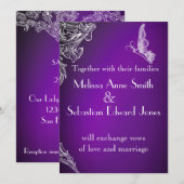 ヴィンテージ ラ lace & バタフライ パープル オンブレー 結婚式 招待状 (正面/裏面)