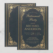 ヴィンテージ・リタイアメント・パーティー・ブルーゴールド・エレガント・スクリプト 招待状 (正面/裏面)