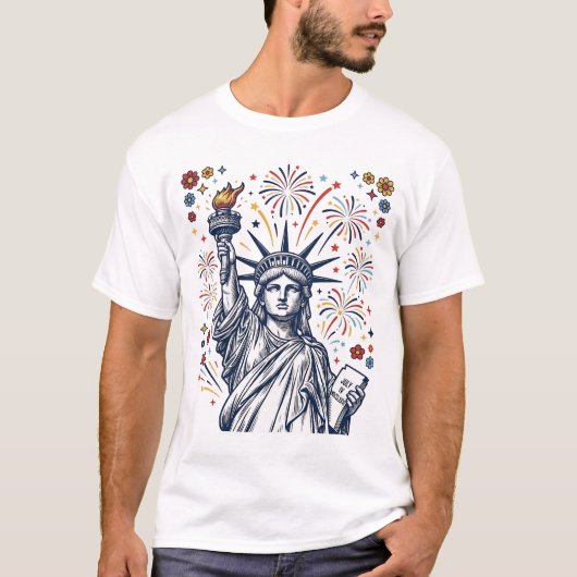 ヴィンテージ リバティ 花火 愛国ベクター デザイン Tシャツ (正面)