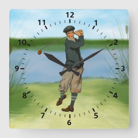 ヴィンテージ・ルック・ゴルファー・ゴルフ・スイング スクエア壁時計 (正面)