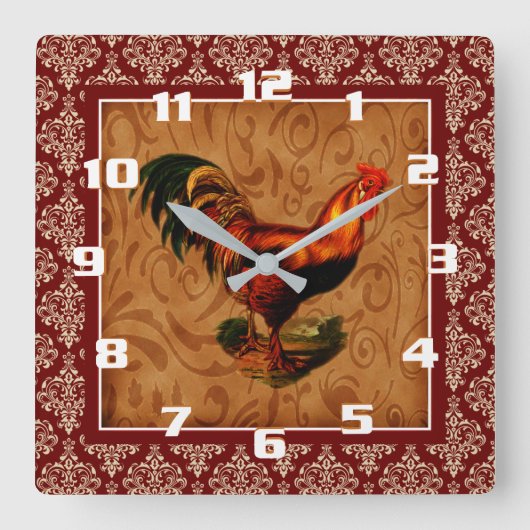 ヴィンテージ·ルースター·オン·素朴ダマスク·パターン スクエア壁時計 (正面)