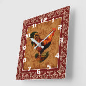 ヴィンテージ·ルースター·オン·素朴ダマスク·パターン スクエア壁時計 (傾斜)