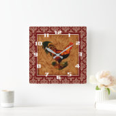 ヴィンテージ·ルースター·オン·素朴ダマスク·パターン スクエア壁時計 (ホーム)