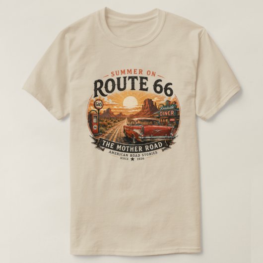 ヴィンテージ ルート66 サマー ロードトリップ Tシャツ (デザイン正面)
