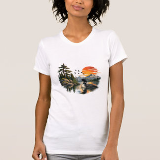 ヴィンテージ ルーン湖 山の夕焼け 野生動物 自然 Tシャツ