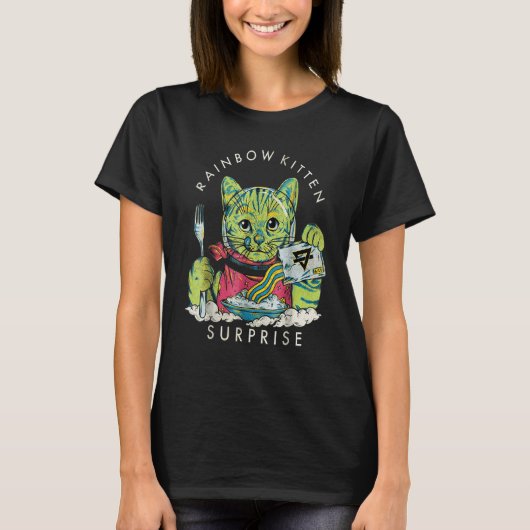 ヴィンテージ レインボー 子猫 サプライズ 猫 Tシャツ (正面)