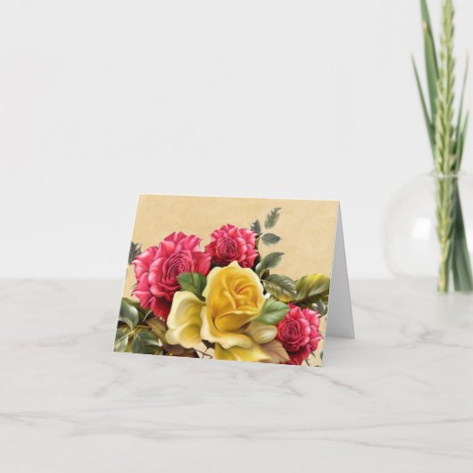 ヴィンテージ レッドとイエローのバラの花束 サンキューカード (正面)