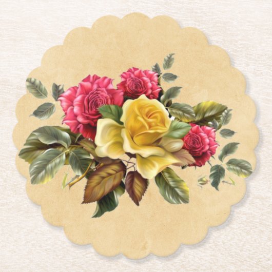 ヴィンテージ レッドとイエローのバラの花束 ペーパーコースター (正面)