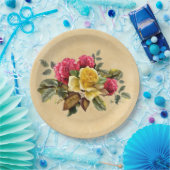 ヴィンテージ レッドとイエローのバラの花束 ペーパープレート (パーティー)