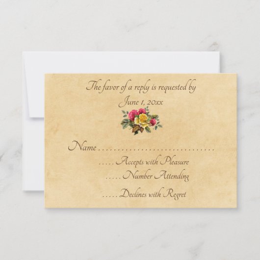 ヴィンテージ レッドとイエローのバラの花束 出欠カード (正面)