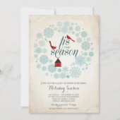 ヴィンテージ レッドとブルー カントリー スノーフレーク クリスマス 招待状 (正面)
