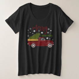 ヴィンテージ レッドトラック メリークリスマスツリーファームハウス プラスサイズTシャツ