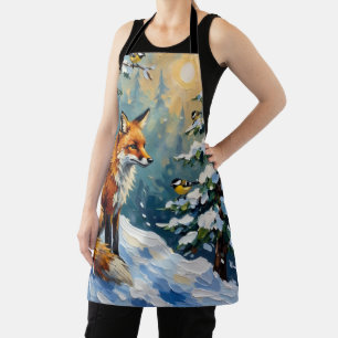 ヴィンテージ レッドフォックスとコガラのクリスマスペインティング エプロン