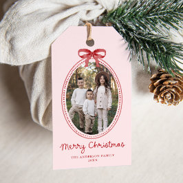 ヴィンテージ レッドボウ クリスマス ブラッシュピンク 写真 ホリデー ギフトタグ