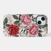 ヴィンテージ レッドローズとピンクの芍薬 フローラルフォンケース iPhone 15ケース (裏面横)