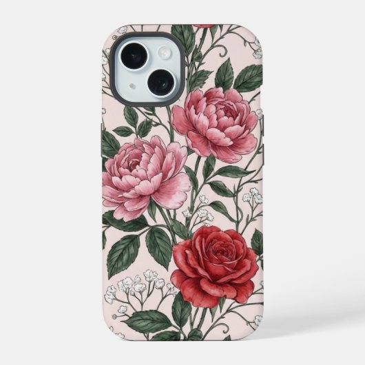ヴィンテージ レッドローズとピンクの芍薬 フローラルフォンケース iPhone 15ケース (裏面)