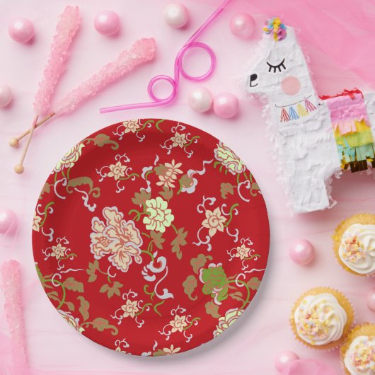 ヴィンテージ レッド オリエンタル フラワー デコレーション ウェディング ペーパープレート (パーティー)