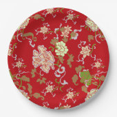 ヴィンテージ レッド オリエンタル フラワー デコレーション ウェディング ペーパープレート (正面)