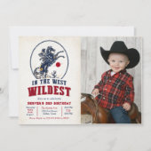 ヴィンテージ レッド カウボーイ ロデオ 3歳の誕生日写真 招待状 (正面)