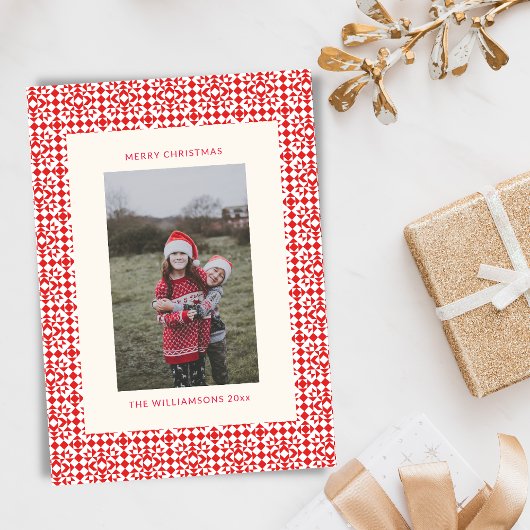 ヴィンテージ レッド クリスマス 幾何学柄キルト 写真