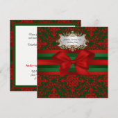 ヴィンテージ レッド & グリーン ダマスク #2 リボン クリスマス パーティー 招待状 (正面/裏面)