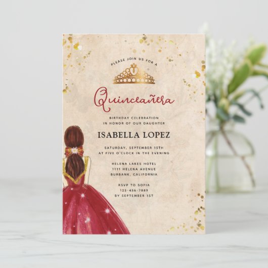 ヴィンテージ レッド ゴールド エレガントドレスのキンセアニエラ 招待状 (スタンド正面)