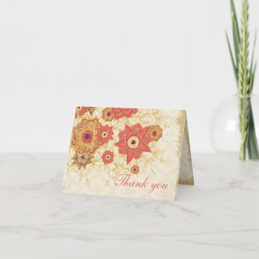 ヴィンテージ レッド ゴールド ポピー 花 結婚 御礼 サンキューカード (正面)