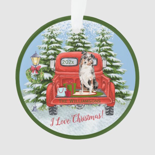 ヴィンテージ・レッド・トラック・オーストラリア・シェパード・ドッグ オーナメント (正面)