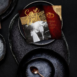 ヴィンテージ レッド パーチメント 予算 , ゴールド カリグラフィー セーブザデート