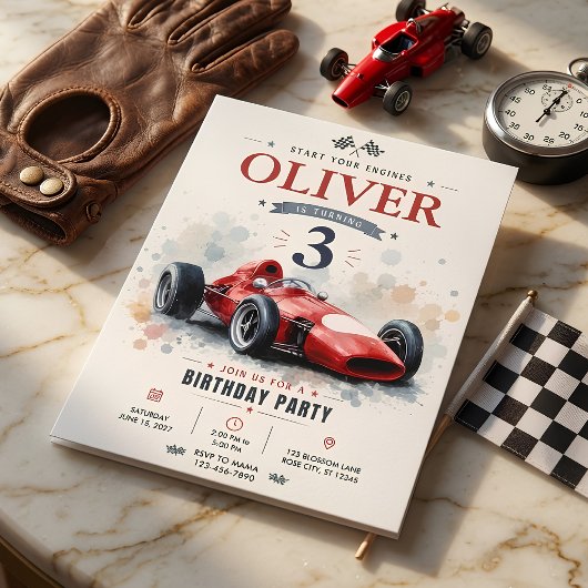 ヴィンテージ レッド フォーミュラ レースカー 誕生日 招待状