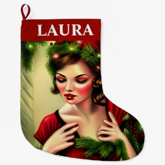 ヴィンテージ レッド レディ レトロ ラージクリスマスストッキング