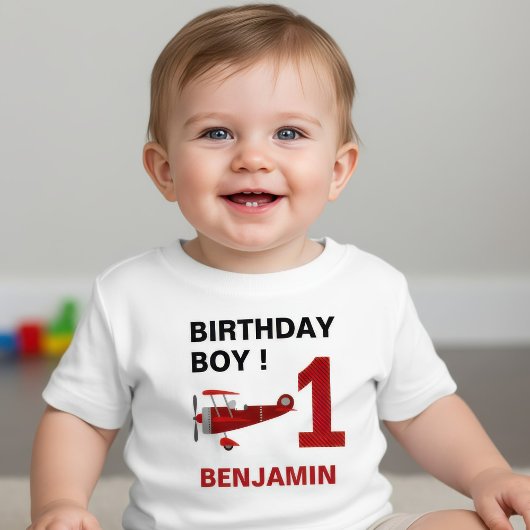 ヴィンテージ レッド レトロ飛行機 1歳 誕生日パーティー ベビーTシャツ