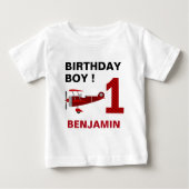 ヴィンテージ レッド レトロ飛行機 1歳 誕生日パーティー ベビーTシャツ (正面)