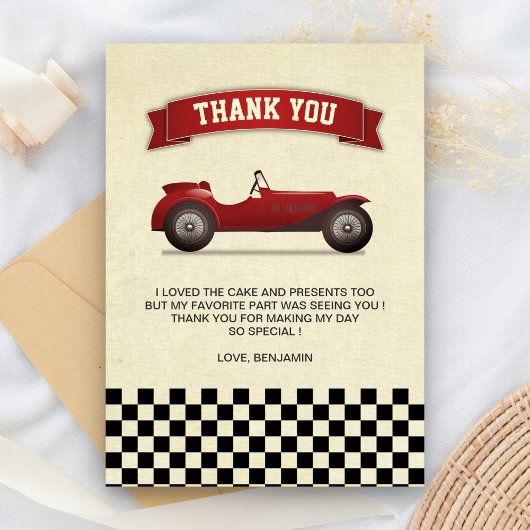 ヴィンテージ レッド レース カー こどもの日 誕生日パーティー サンキューカード