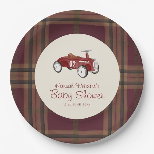 ヴィンテージ レッド レース カー プライド ベイビー シャワー ペーパー プレート (正面)