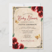 ヴィンテージ レッド ローズ ゴールド エレガント ベイビー シャワー 招待状 (正面)