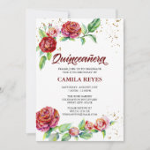 ヴィンテージ レッド ローズ ゴールド コンフェッティ フラワー キンセアニェラ 招待状 (正面)