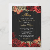 ヴィンテージ レッド ローズ ブラック ゴールド レースのキンセアニエラ 招待状 (正面)