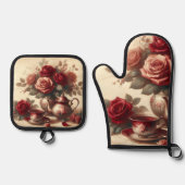 ヴィンテージ・レッド・ローズ 鍋つかみ&鍋敷きセット (正面)
