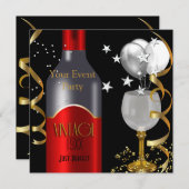 ヴィンテージ レッド ワイン ブラック ゴールド シルバー 招待状 (正面/裏面)