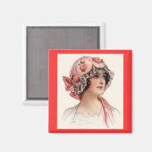 ヴィンテージ・レディ・イン・シルク・フローズ・ボンネット マグネット (正面/裏面)