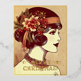 ヴィンテージ レディ メリークリスマス グリーティング レトロ ピクチャー 箔シーズンポストカード