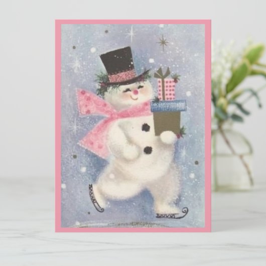 ヴィンテージ レトロなクリスマスの雪だるま プレゼント付き シーズンカード (スタンド正面)