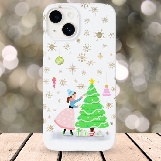 ヴィンテージ・レトロな女性がクリスマスツリーを飾る Case-Mate iPhoneケース