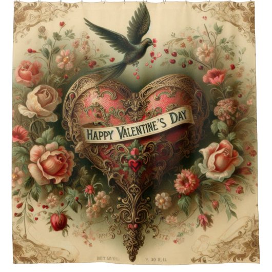 ヴィンテージ/レトロビクトリアン/バレンタインのハート シャワーカーテン (正面)