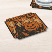 ヴィンテージ/レトロ猫、幽霊、かぼちゃと魔女 ペーパーコースター (アングル)