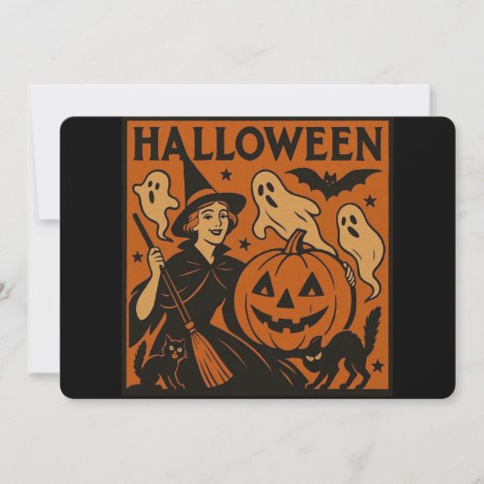 ヴィンテージ/レトロ猫、幽霊、かぼちゃと魔女 招待状 (正面)